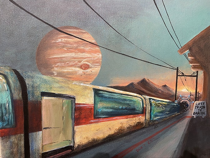 Painting showing a train with Jupiter in the sky