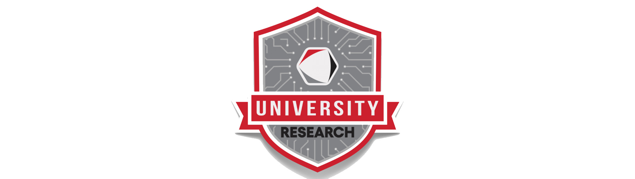 Graphic logo of University Research with a gray shield and red outlines.